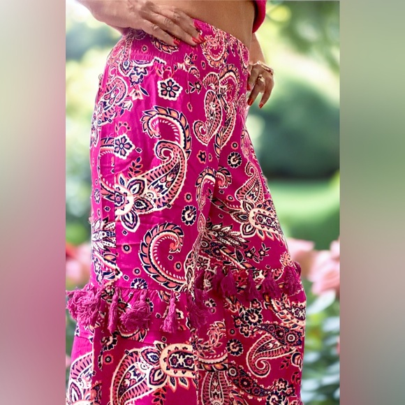 WOMEN'S SMOCK WAIST PAISLEY PRINT TIERED WIDE LEG PALAZZO PANTS - Picture 6 of 7